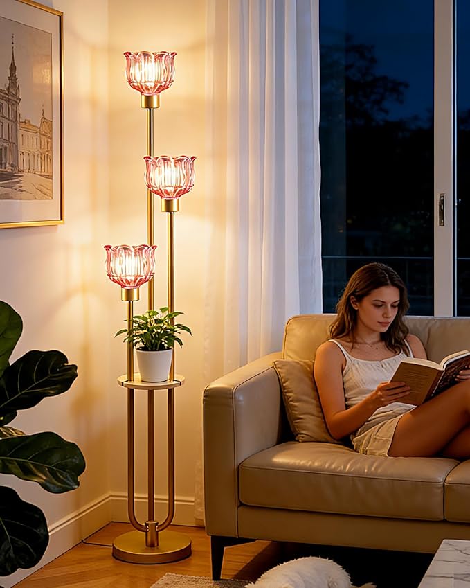 Lightdot Glass Floor Lamp for Living Room 3-Lights Modern Dimmable Gold Floor Lamp with Rose Red Glass Shade & 3000K Bulbs Included Unique Tall Standing Lamp for Bedroom/Sofa Beside/Corner Decor