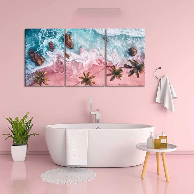 3Pcs Pink Beach Canvas Wall Art Tropical Coastal Palm Trees Wall Decor Pictures Preppy Ocean Wave Landscape Posters Prints for Living Room Bedroom Teen Girls Room Artwork Home Decoration Unframed