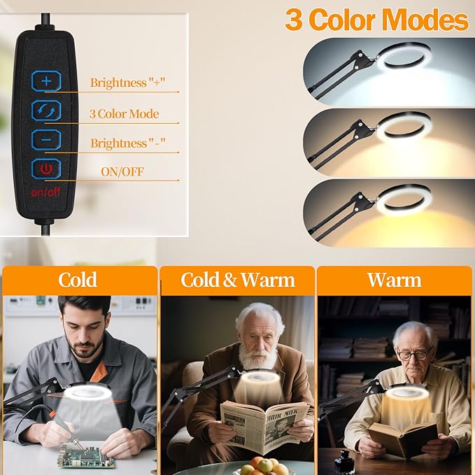 10X Magnifying Glass with Light and Clamp, Hands Free Magnifier with Lights, 3 Color Modes LED Dimmable Magnifiers Desk Lamp for Close Work Crafts Hobby Reading Painting Repair