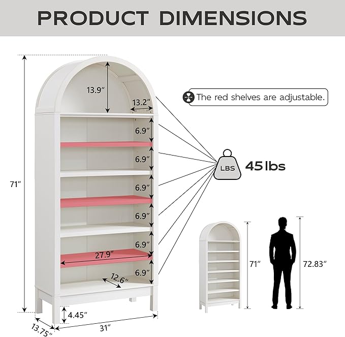 71" Tall Arched Bookshelf, 7 Tiers Arch Bookcase with Storage, Modern Farmhouse Book Shelf with Adjustable Shelves, Wood Bookshelf w/Open Display Shelves for Living Room, Office (Antique White)