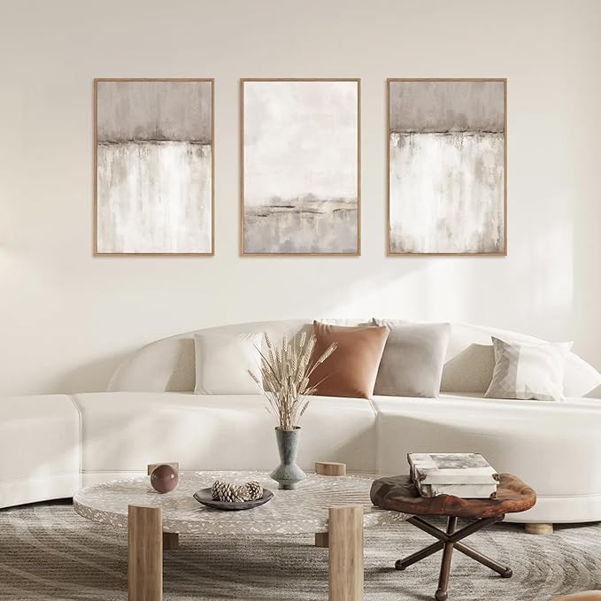 KAIRNE Large Neutral Gray Framed Canvas Wall Art Set, Abstract Duotone Gray Tan Wall Decor, Neutral Watercolor Shape Wall Pinting, Modern Landscape Art Print for Living Room, Bedroom, Office16 x24 x3