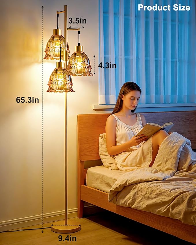 Lightdot 3-Lights Glass Floor Lamp Dimmable Gold Floor Lamps with Brown Glass Shade 3000K Bulbs Included Unique Modern Standing Tall Lamp for Living Room/Bedroom/Sofa Beside/Corner Decor
