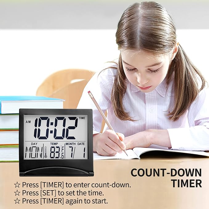 Betus Digital Travel Alarm Clock – Foldable Calendar, Temperature & Timer with Snooze – Large Number Display, Battery Operated – Compact Desk Clock for Home & Office (Black)