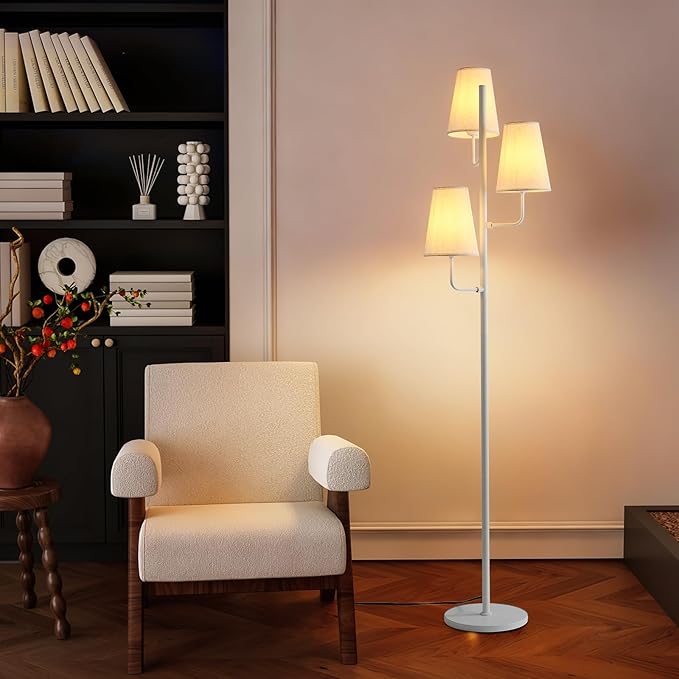 Traditional Floor Lamp for Living Room:3 Light Linen Country Rustic Floor Lamp for Bedroom, White Standing Lamp with Foot Switch, Country Rustic Tall Lamp, No Bulb