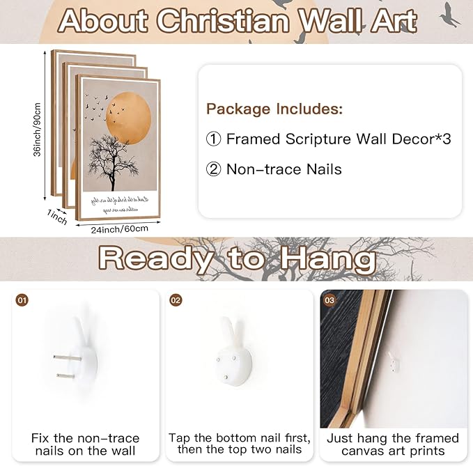 CHDITB Matthew 6:26 Look At The Birds Of The Air Framed Canvas Wall Art(24"x36"), 3 Panels Japandi Bible Verses Scripture Artwork Prints, Large Religious Christian Faith LDS Decor for Home Office Bedroom