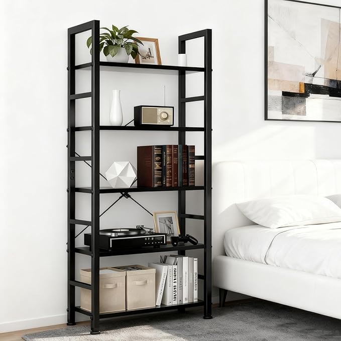 5 Tier Bookshelf, Free Standing Wooden Bookcase with Open Storage Shelves with Metal Frame, Sturdy Shelf Organization Display Rack for Living Room, Bedroom, Home Office, 62.2" Tall, Black