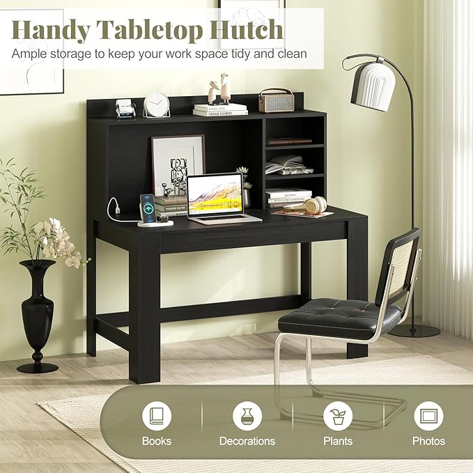 Giantex Computer Desk with Hutch, Modern Home Office Desk with Power Outlets, Storage Shelves & Cable Hole, Makeup Vanity Table, Study Writing Desk for Bedroom Office Small Space (Black)