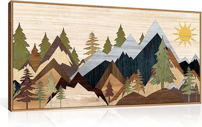 Mountain Pine Tree Framed Canvas Wall Art Set, Nature Wilderness Illustration Wall Decor, Woodcut Forest Wall Painting, Mid Century Modern Art Print for Living Room Bedroom Office 20"x40"