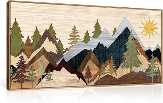 Mountain Pine Tree Framed Canvas Wall Art Set, Nature Wilderness Illustration Wall Decor, Woodcut Forest Wall Painting, Mid Century Modern Art Print for Living Room Bedroom Office 20"x40"