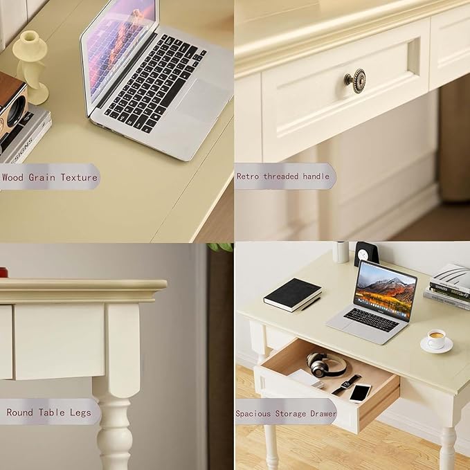 Beige Writing Desk with Drawer, 35" Solid Wood French Country Style Computer Desk for Home Office, Living Room Study or Workspace