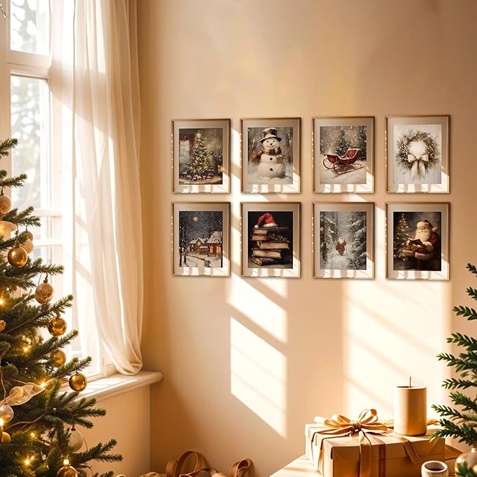 Vintage Christmas Canvas Wall Art Poster Set of 8, Santa Christmas Tree Snowman Pictures Wall Decor, Winter Holiday Paintings Prints Aesthetic Home Decor for Living Room Bedroom 8x10 inch Unframed