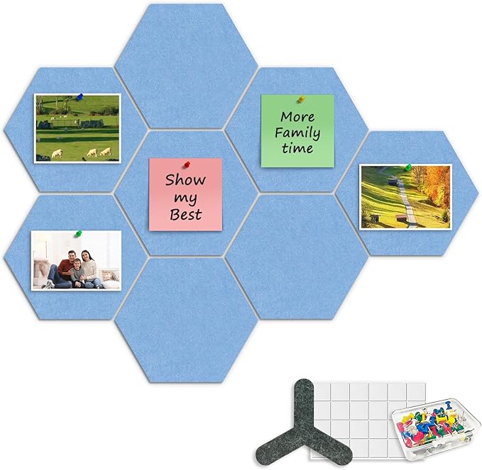 8-Pack Hexagon Felt Cork Board, 1/2" Thick Felt Bulletin Pinboard with 80 Push Pins, Adhesive Tabs, Geometric Cork Wall Tiles for Photos, Memos, Home & Office Decor (Sky Blue)