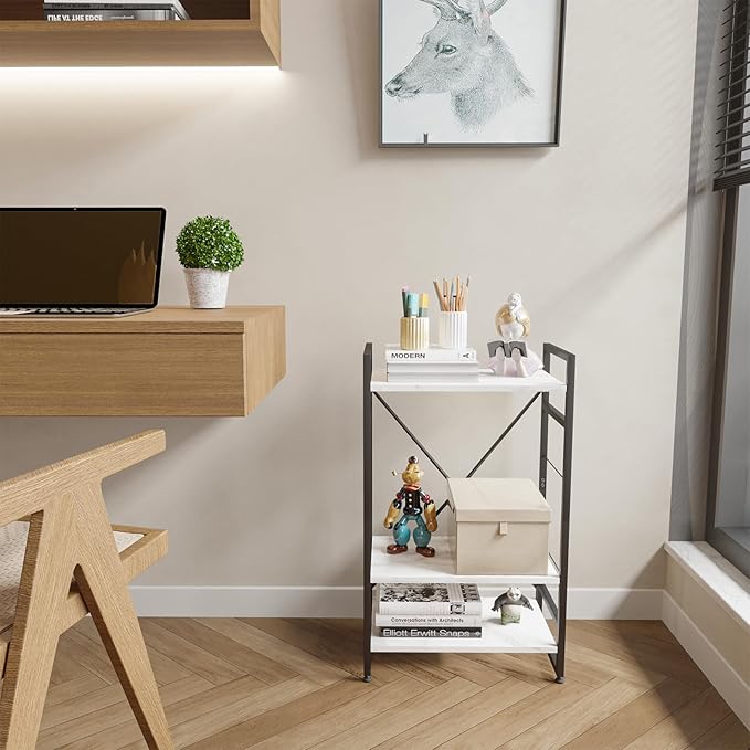 Bookshelf Organizer,3 Tiers Adjustable White Faux Marble Small Bookcase for Small Space,Industrial Wooden Storage Bookcase Display Rack and Storage Organizer for Living Room Home Office