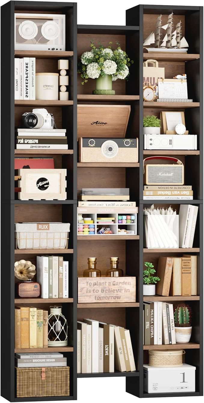 FOTOSOK 71'' Tall Bookshelf with 21 Cubes, 8 Tier Triple Wide Bookshelf with 8 Adjustable Shelves, 35" Large Bookcase DVD/CD Media Tower Storage, Freestanding Display Shelf Cabinet, Black/Brown