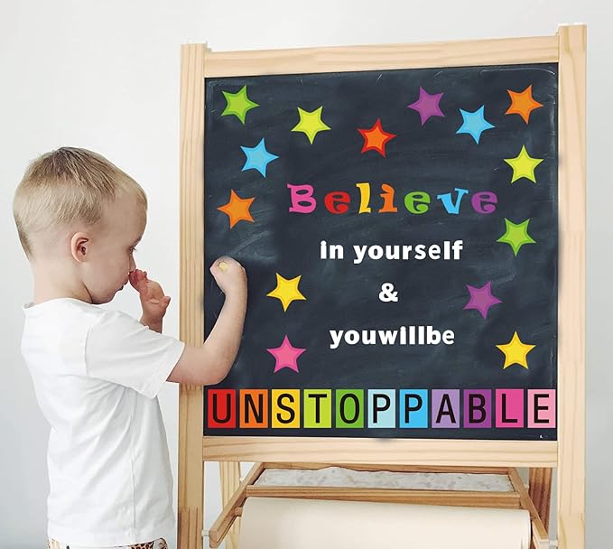 54 Pcs Believe in Yourself Bulletin Board Decorations Stylish Star Inspirational Quotes Bulletin Cutouts Wall Decals with Glue Point Dots for School Classroom Home Teacher Supplies