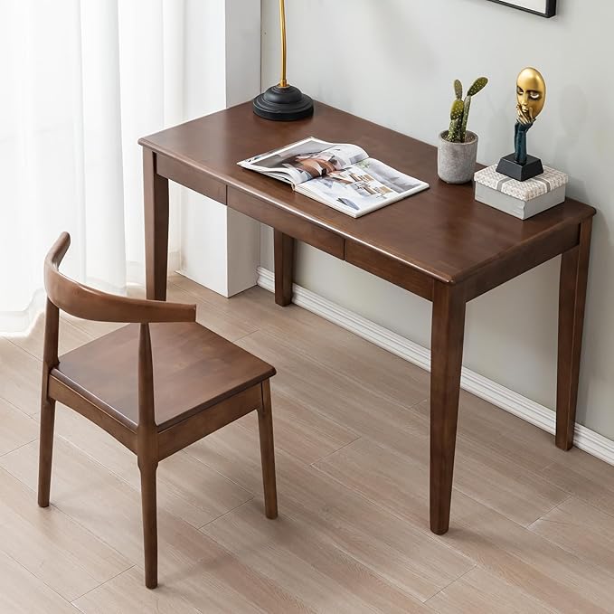 Solid Wood Desk with Drawer, Wooden Home Office Desk for Work, Student Computer Desk for Small Spaces, Gaming Study PC Desk for Bedroom, Easy to Assemble (Walnut Color 39 inch)