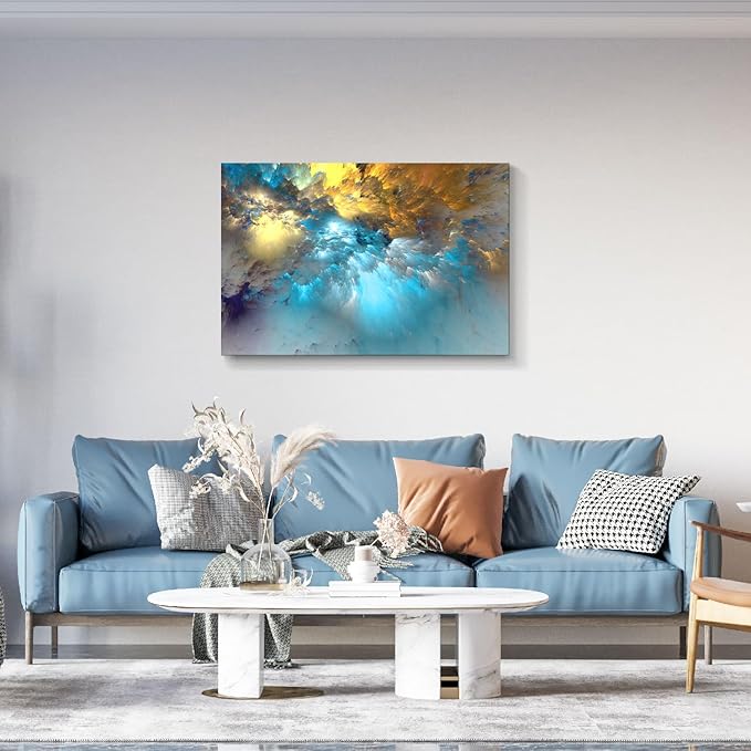 Golden Canvas Wall Art Blue Modern Abstract Painting Prints Colorful Smoke Billowing on White Background Framed Energetic Artwork Pictures for Living Room Bedroom Hallway Wall Decoration 48x32in