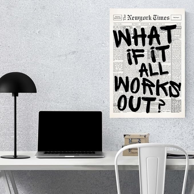 Balsuka What If It All Works Out Wall Art Retro Black and White Newspaper Motivational Poster Positive Affirming Quote Minimalist Canvas Print for Bedroom Living Room Home Decor 12x16inch Unframed