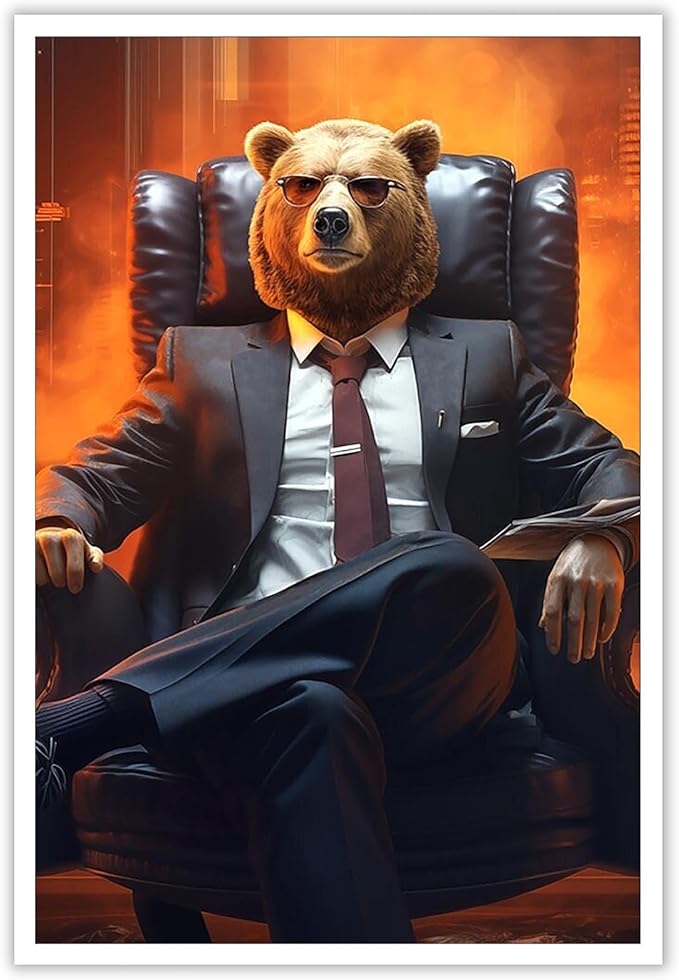 Trendy Suit Animal Bear Portrait Wall Art Funny Boss Bear Canvas Posters Work Struggle Motivation Inspiring Prints Painting For Office Living Room Wall Decor 24x36in Unframed