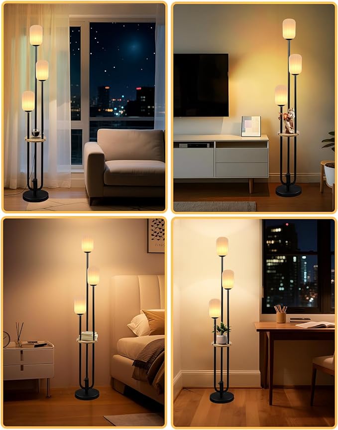 Floor Lamp for Living Room, Dimmable Vintage Floor Lamp with Shelf & LED Bulbs, 3 Light 3000K Soft Warmwhite Mid Century Standing Lamp, Tall Lamps for Bedroom Office