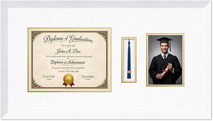 Diploma Tassel and Photo Frame Bright White Shadowbox Oyster Shell Over Gold Mat - Fits 11 x 8.5 Degree Picture Made in the USA