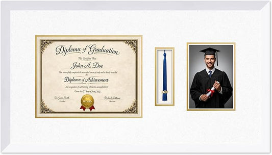Diploma Tassel and Photo Frame Bright White Shadowbox Oyster Shell Over Gold Mat - Fits 11 x 8.5 Degree Picture Made in the USA