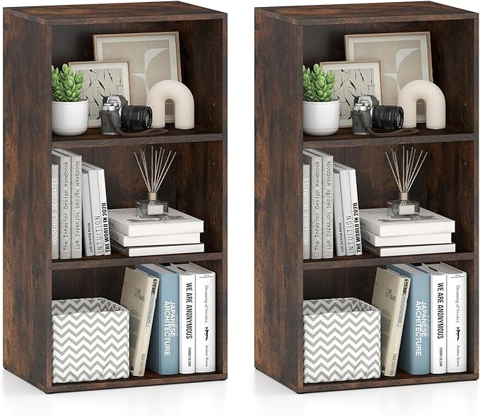 Giantex 3 Tier Bookcases Set of 2, 31.5" Bookshelf Cube Storage Organizer, Open Storage Cabinet Multi-Functional Home Office Bedroom Furniture Display Bookcases, Rustic Brown