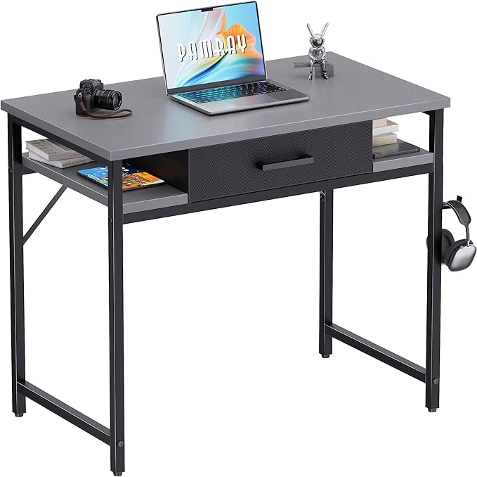 Pamray 32 Inch Small Computer Desk with Drawer and Shelves Simple Study Work Table for Bedroom Grey
