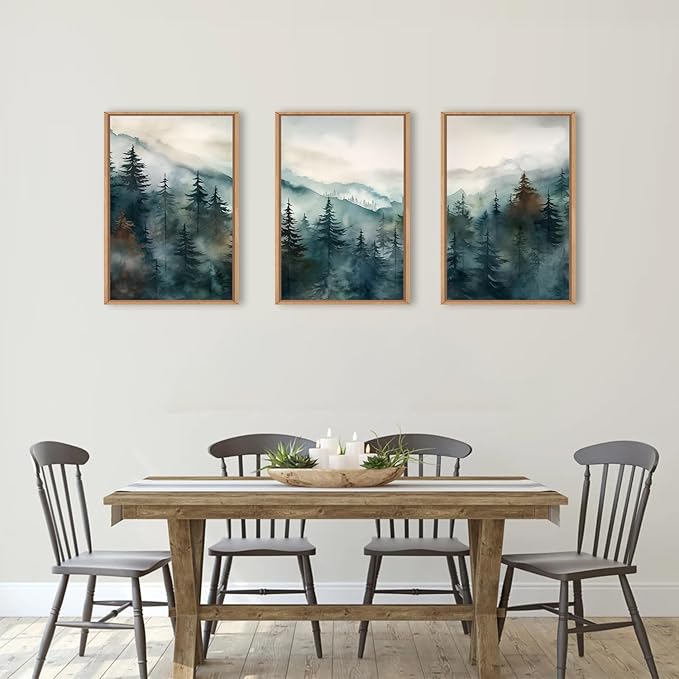 KAIRNE Watercolor Misty Forest Framed Canvas Wall Art Set, Nature Landscape Wall Decor, Foggy Mountain Pine Trees Wall Painting, Jungle Scenery Artwork for Living Room, Bedroom, Office - 16"x24"x3