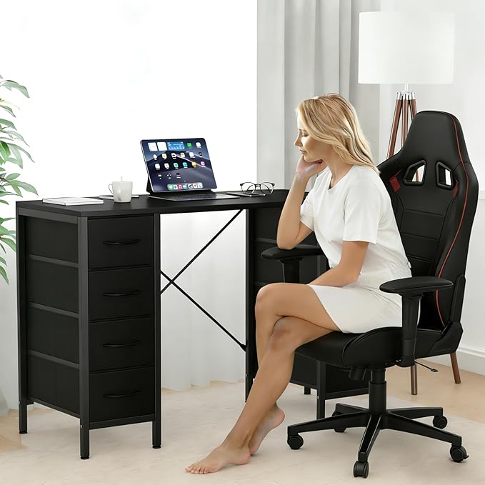 Sweetcrispy Computer Gaming Desk with 8 Storage Fabric Drawers, 47 Inch Home Office Bedroom Desk with Sturdy X-Frame, Modern Writing Study Work Table with Adjustable Feet, Black