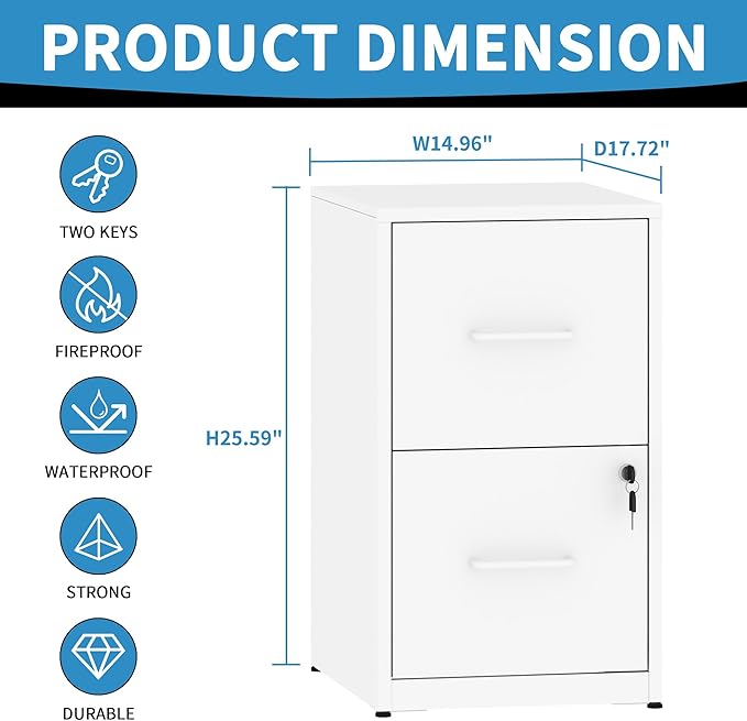 2 Drawer File Cabinet with Lock, Steel Vertical Filing Cabinets for Home Office, Small Metal Storage Cabinet for Hanging Letter Size File Folders, Assembly Required(White)