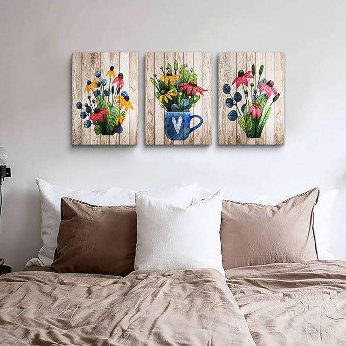 Lapremoly 3 Piece Large Framed Canvas print Artwork Wall Art for Kitchen Wall Decor for Living Room Bedroom Decorations Room Wall Decor Modern Office Home Decor Vintage Wood Grain Flowers Paintings