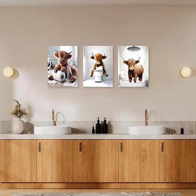Westen Bathroom Decor Wall Art Framed,Funny Highland Cow Wall Art,Western Bathroom Decor Sign,Farmhouse Cow Pictures for Bedroom Office Restroom,12"x16",Framed