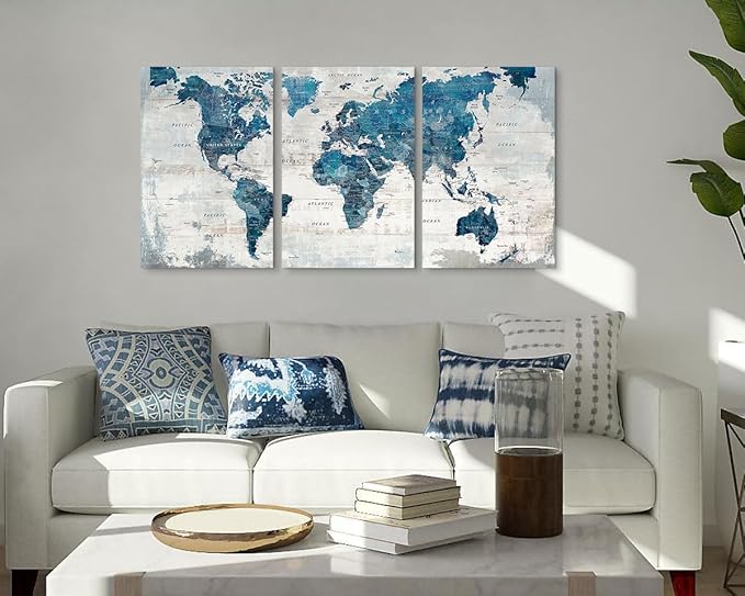 GIFTTWART World Map Office Wall Art Canvas for Living Room Wall Pictures Blue Large Artwork Modern Bedroom Kitchen Dining Room Home Decor