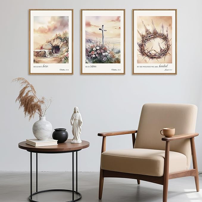 Ausril 3 Pcs Christian Cross Framed Wall Art Set, Jesus Empty Tomb Canvas Decor, Christian Religious Bible Painting, Jesus Crucifixion Risen Easter Print for Living Room, Bedroom, Church 16X24inch