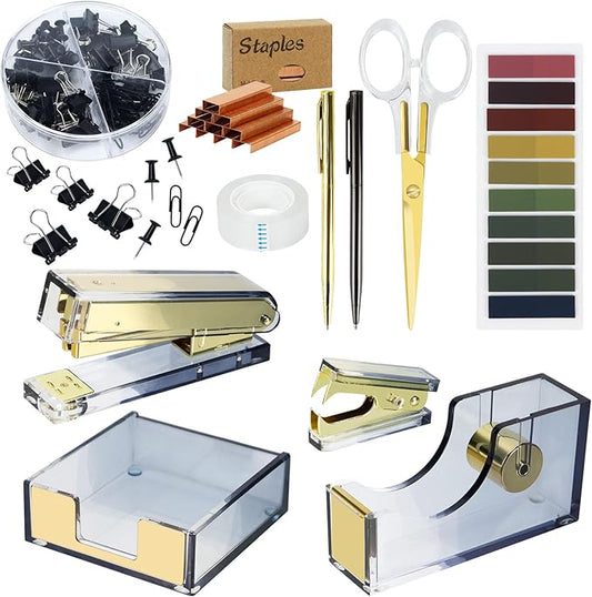 Multibey 11-Piece Gradient Acrylic Desk Accessories Set, Sticky Notes Holder, Stapler and Tape Dispenser, Staple Remover, Sticky Notes, Paper Clips, Scissor, Ballpoint Pen for Home Office Supplies