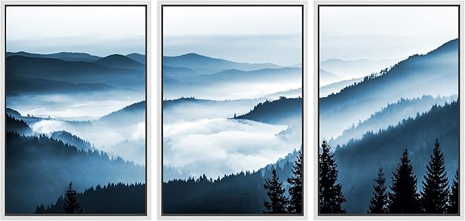 SIGNWIN Framed Canvas Print Wall Art Set Misty Blue Duotone Mountain Range Forest Nature Wilderness Photography Modern Decorative Colorful Rustic for Living Room, Bedroom, Office - 16"x24"x3 White