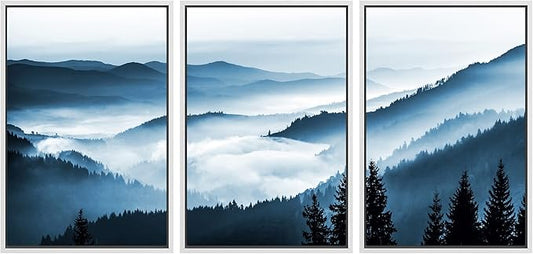 SIGNWIN Framed Canvas Print Wall Art Set Misty Blue Duotone Mountain Range Forest Nature Wilderness Photography Modern Decorative Colorful Rustic for Living Room, Bedroom, Office - 16"x24"x3 White