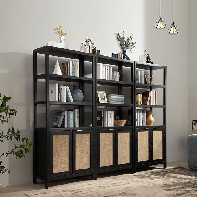 SICOTAS Bookshelf 5 Tier Book Shelf Rattan Boho 71" Tall Bookcase with Doors Storage Shelves Large Bookshelves Farmhouse Bookcases Library Book Case for Living Room Bedroom Home Office Kitchen