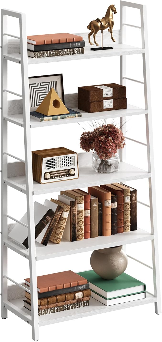 IRONCK Industrial Bookshelves and Bookcases, Ladder Shelf 5 Tiers with Metal Frame for Living Room, Home Office, White