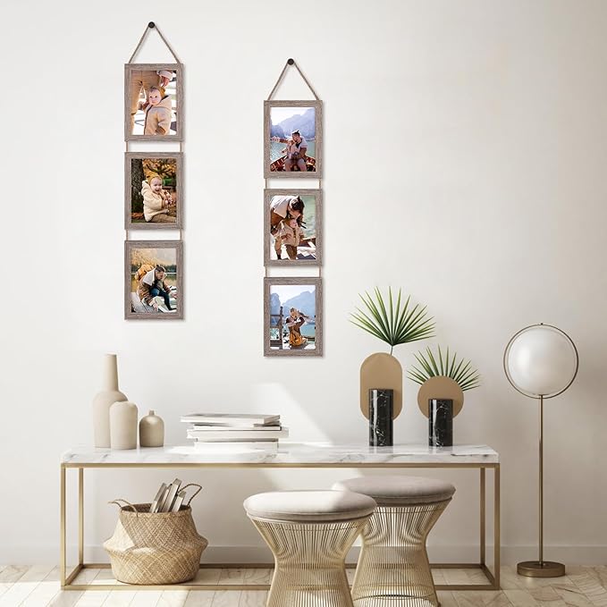 Lavezee 5x7 Collage Hanging Triple Picture Frames Set, Rustic 6 Opening Vertical Frame Made to Display 5 by 7 Inch Photo Postcard for Wall Decor