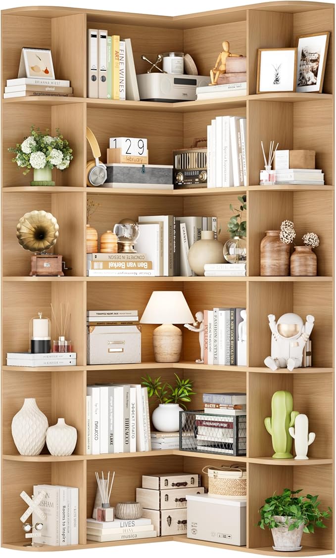 FOTOSOK 74” Tall Corner Bookshelf, 6-Tier Bookshelf and Bookcase with Open Storage, Tall Bookcases Wooden Storage Shelves for Home Office, Thickened Boards for Better Load Bearing, Natural