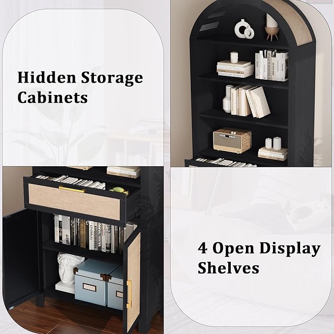 79" Tall Arched Bookcase with Storage, Mid Century Modern 6-Tier Cabinet with Door and Drawer, Arched Bookshelf with Open Display Shelf for Office Living Room(Black, 79inch-Doors)