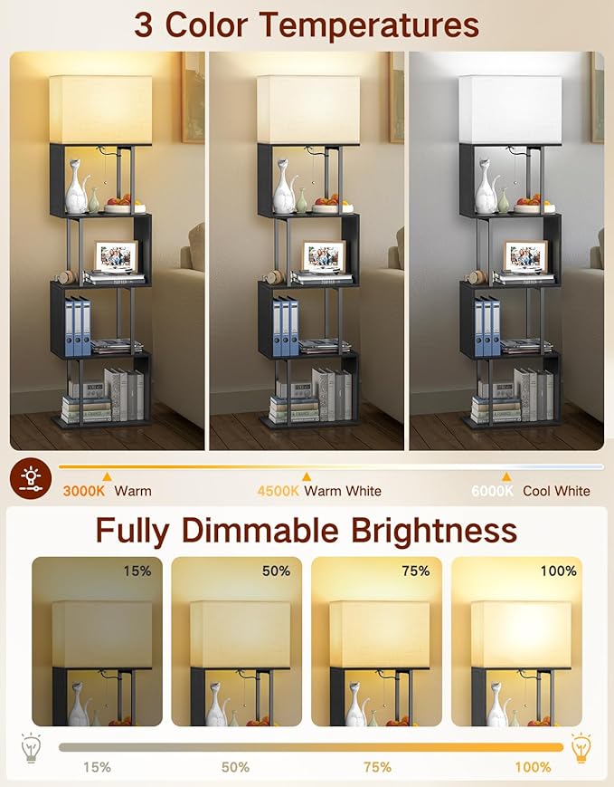 5-Tier Floor Lamp with Shelves & Remote, Dimmable S-Shaped Bookshelf with 3 Color Temperature, 1-Hour Timer, Tall Corner Standing Lamp for Living Room, Bedroom, Office (Black)