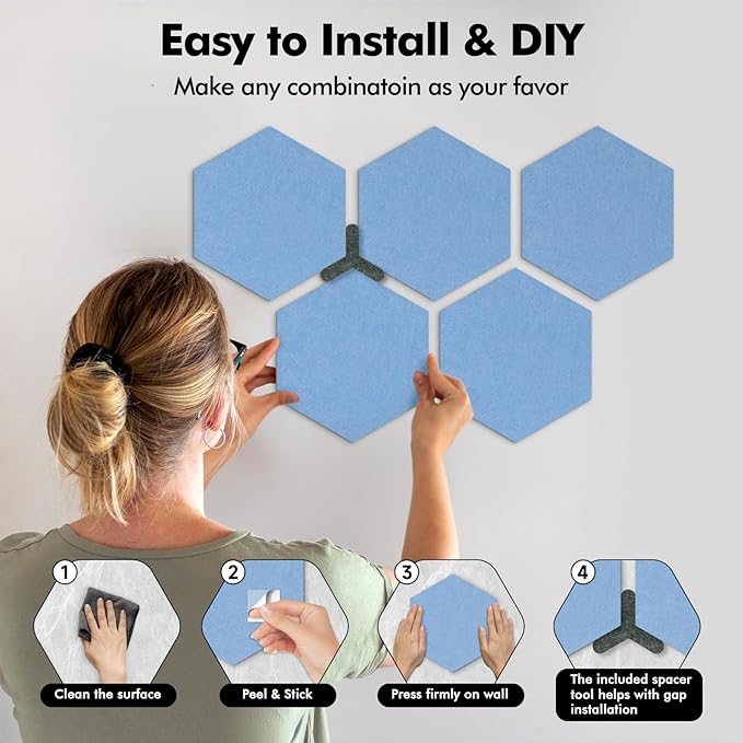 8-Pack Hexagon Felt Cork Board, 1/2" Thick Felt Bulletin Pinboard with 80 Push Pins, Adhesive Tabs, Geometric Cork Wall Tiles for Photos, Memos, Home & Office Decor (Sky Blue)
