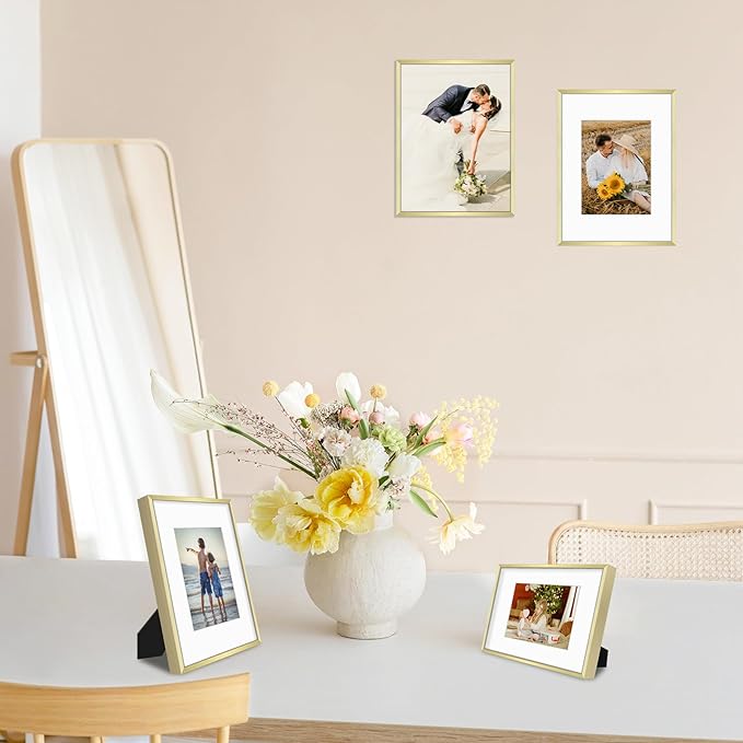 Golden State Art, Gallery Wall Frame Set of 6 - Gold 9x12 Aluminum Photo Frames with Mat for 6x8 Pictures - 9 x 12 inch Metal Frame with Real Glass Cover - Elegant Home or Office Decor
