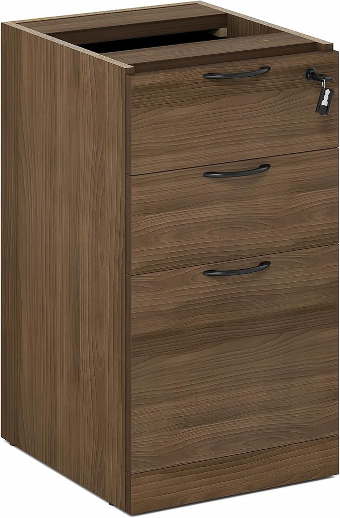 Furinno Roger File Cabinet, 3-Drawer Fixed Pedestal Filing Cabinet with Lock, Soft-Close Drawers with Drawer Organizer, for Home Office, Modern Walnut