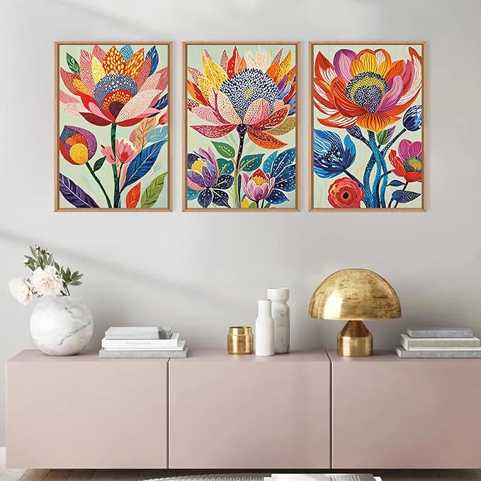 HPINUB Abstract Botanical Floral Framed Canvas Wall Art Set,Colorful Dot Art Modern Flower Wall Decor,Vibrant Blooming Flowers Artwork Eye-Catching Boho Art Print for Living Room,Bedroom-16 x24 x3