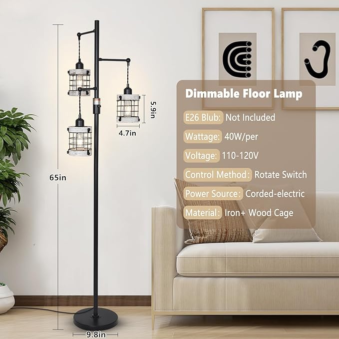 3-Lights Floor Lamp with Metal Wood Cage Lampshades, Vintage Standing Lamp for Living Room, Dimmable Tall Lamp for Bedroom, Industrial Tall Floor Lamps Rustic Corner Lamp for Reading Home Decor