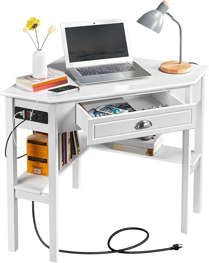 Yaheetech L Shaped Corner Computer Desk with Power Outlets, Reversible Triangle Workstation with USB Ports and Hook for Small Space, Modern Home Office Desk Gaming Table with Drawer & Shelf, White